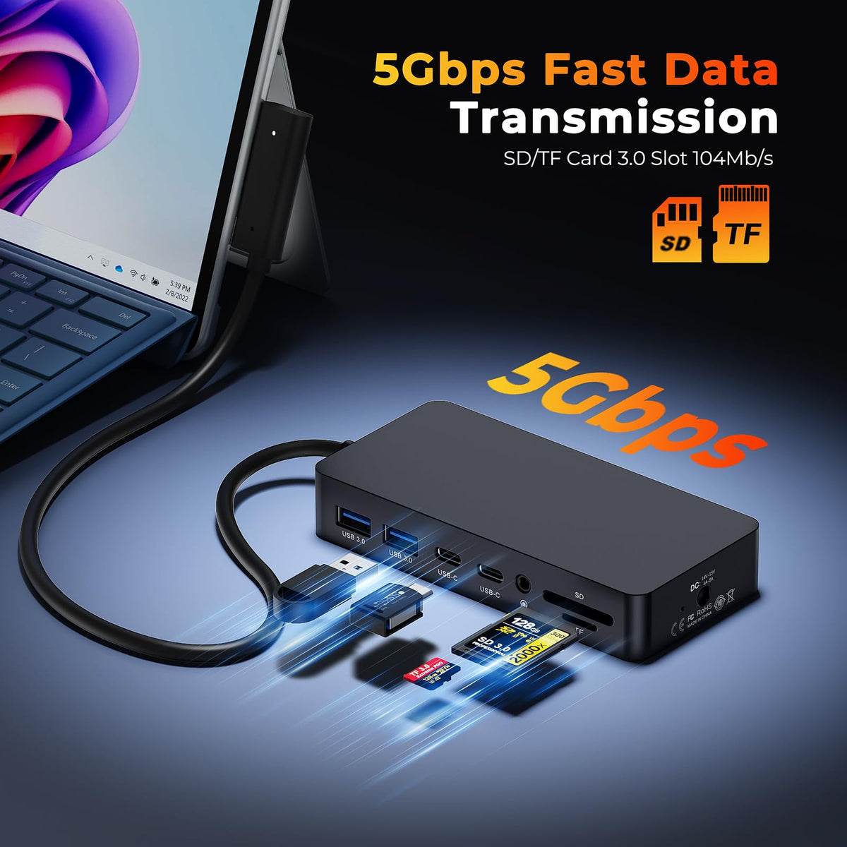 Opluz Surface Docking Station SD/TF slots simplify memory card access.