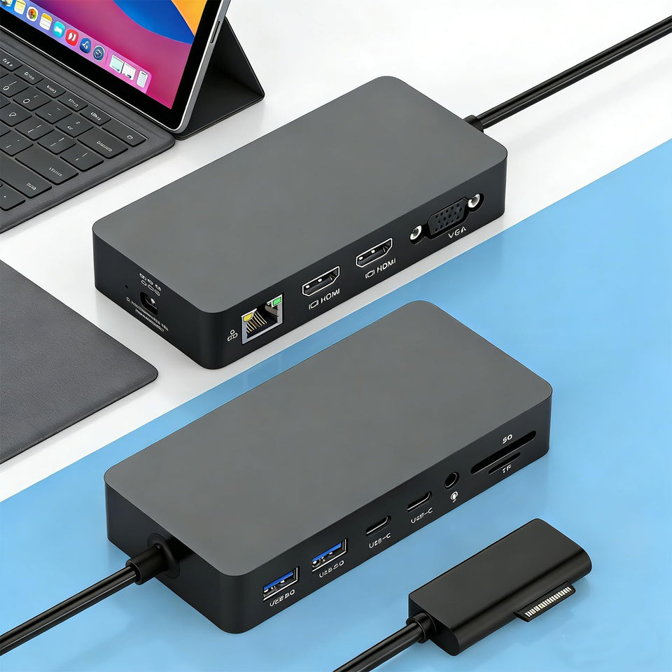 Opluz Surface Docking Station with triple displays enables seamless multi-monitor productivity.