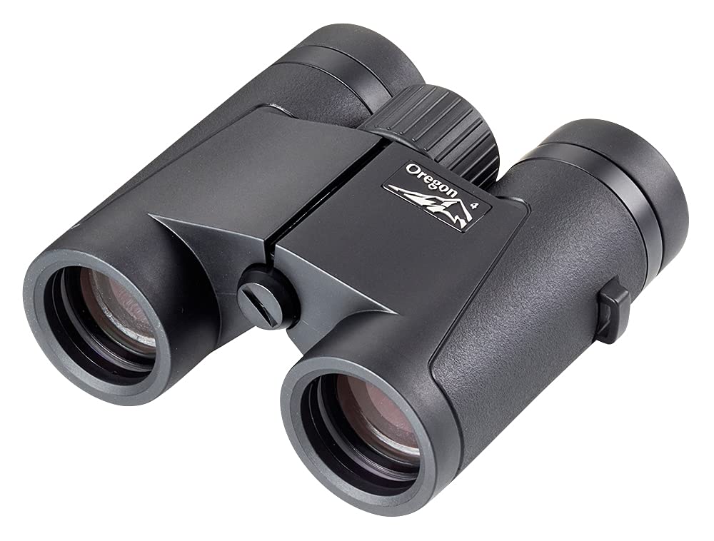 Opticron Oregon 4 PC Oasis 8x32 binocular front view; rugged grip for outdoor observation
