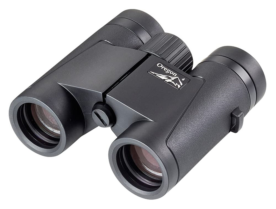 Opticron Oregon 4 PC Oasis 8x32 binocular front view; rugged grip for outdoor observation