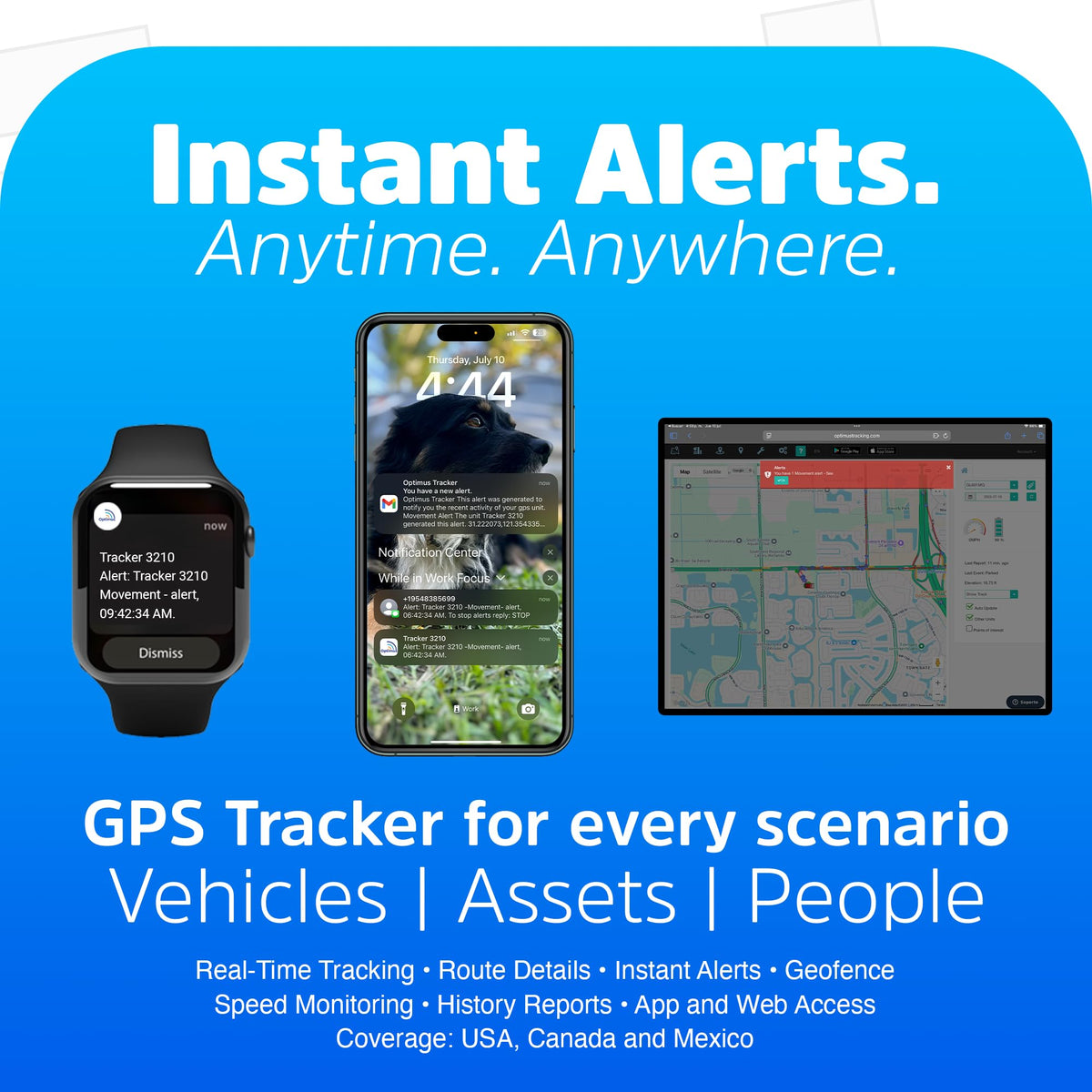 Optimus alert indicators for movement, speeding, and geofence events.