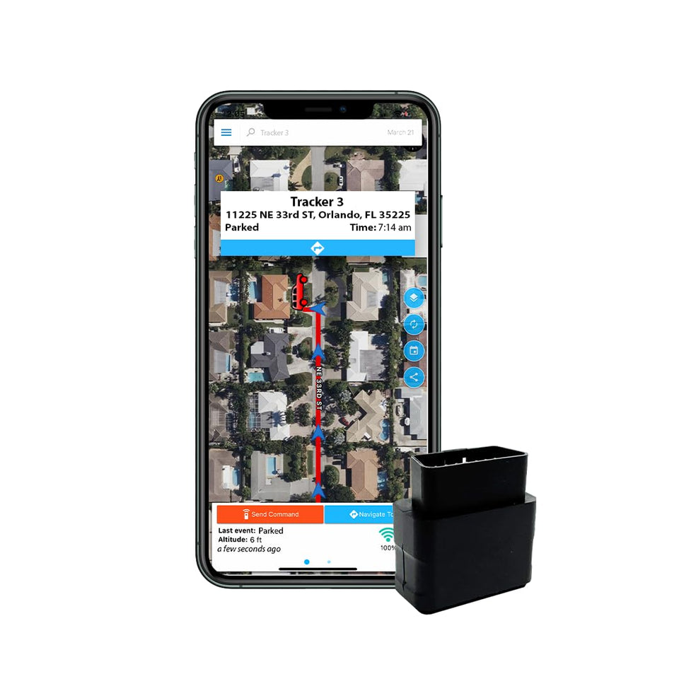 Optimus GPS tracker plugged into vehicle OBD port for live location and route history