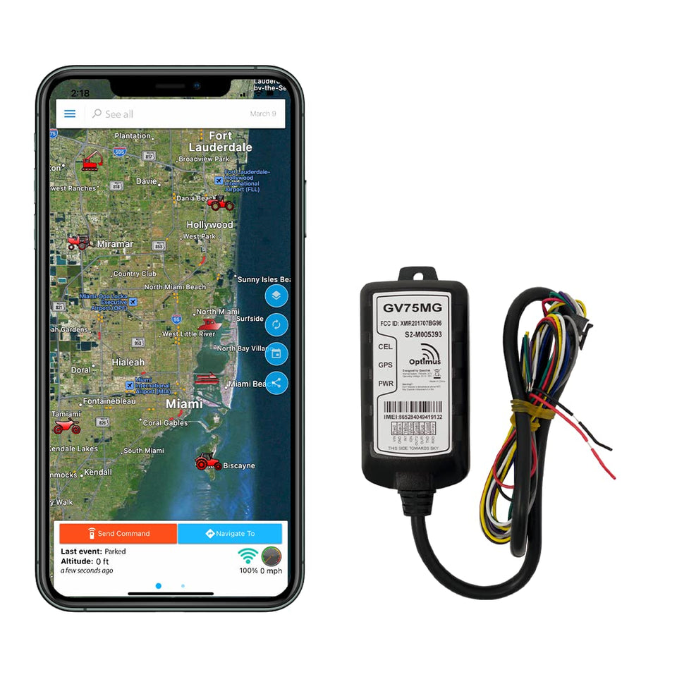 Optimus GV75MG front view showing compact tracker and connectors, durable protection benefit