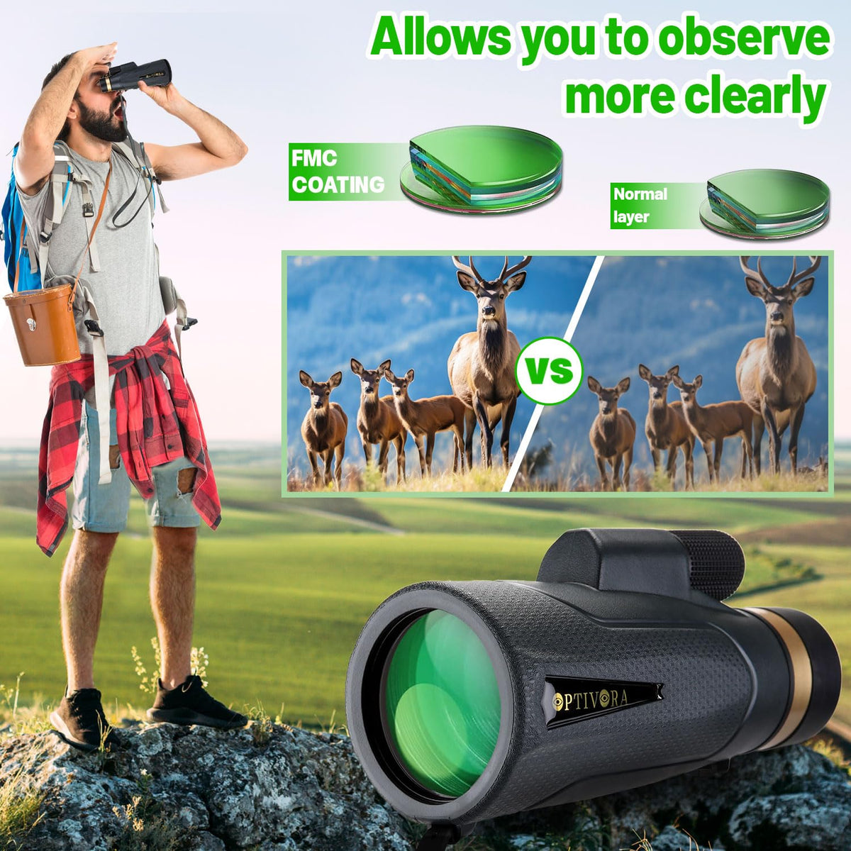 OPTIVORA monocular with smartphone adapter enables easy photo captures.
