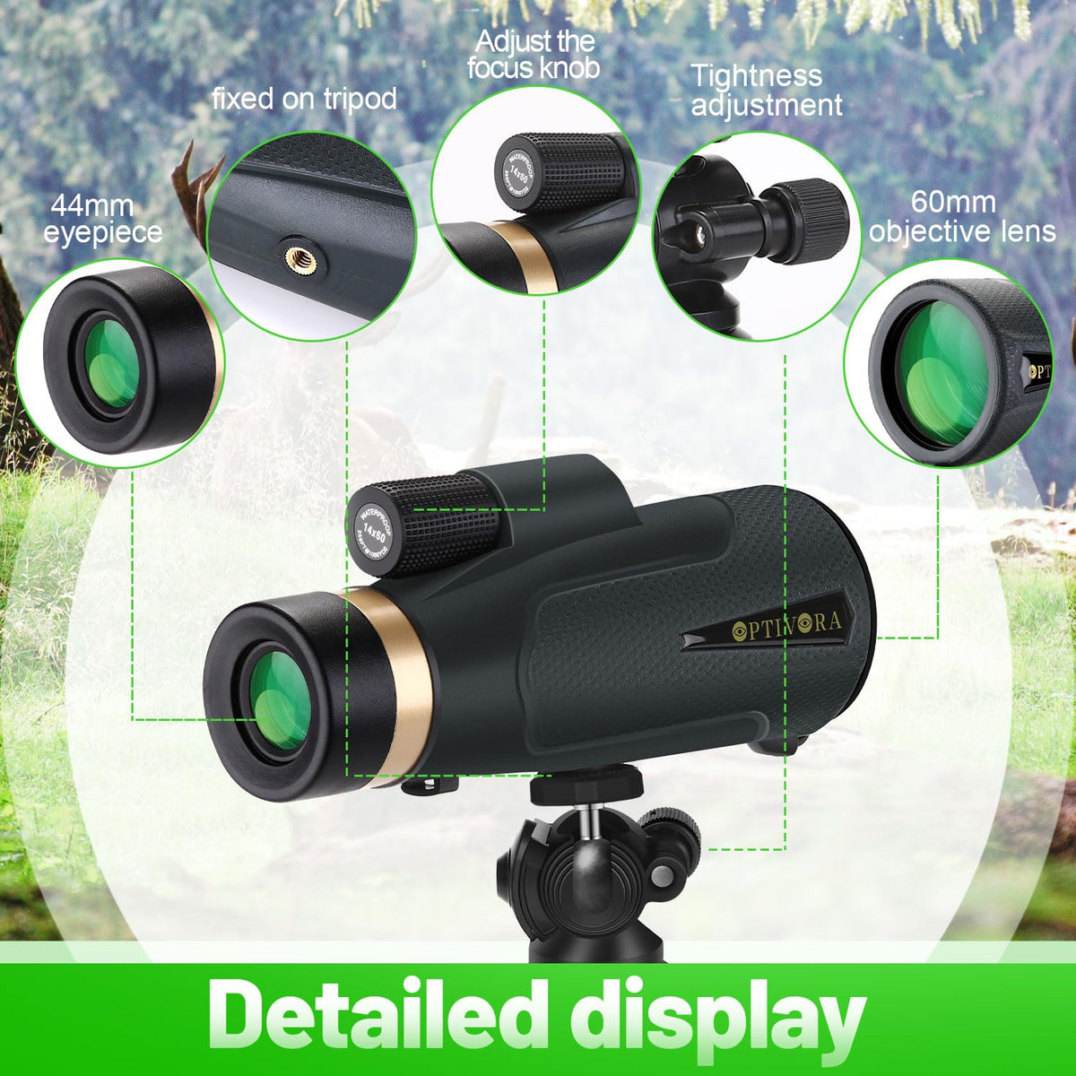 OPTIVORA monocular mounted on tripod for steady viewing.