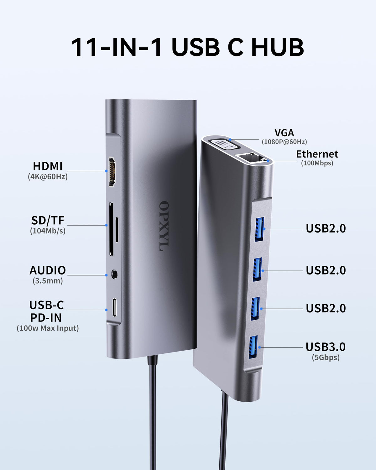 OPXYL 11-in-1 hub HDMI 4K output delivering sharp external display.
