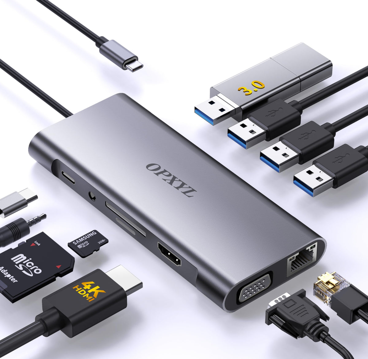 OPXYL 11-in-1 hub overview showing all ports for versatile on-the-go connectivity.