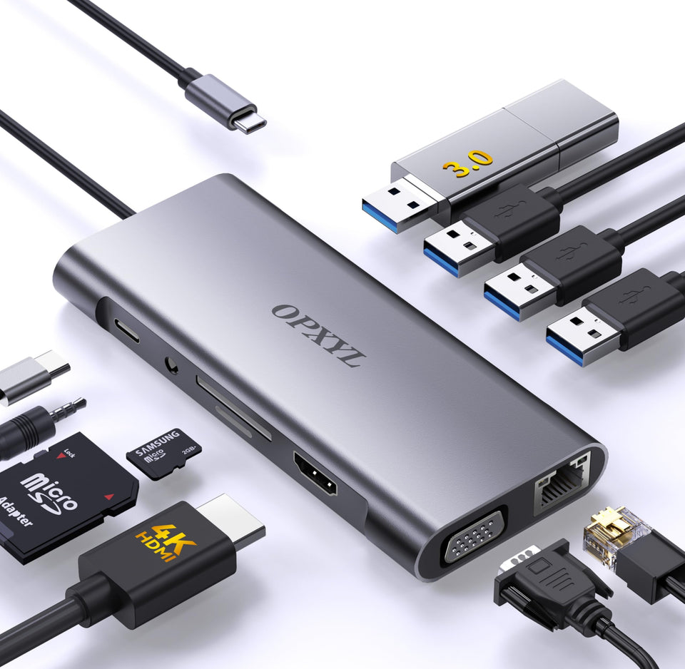 OPXYL 11-in-1 hub overview showing all ports for versatile on-the-go connectivity.