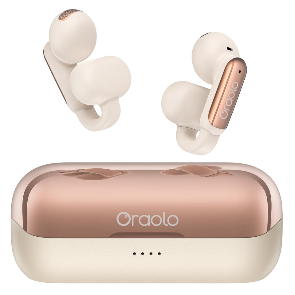 Oraolo Earbuds open-ear design close-up shows comfortable fit with rich audio