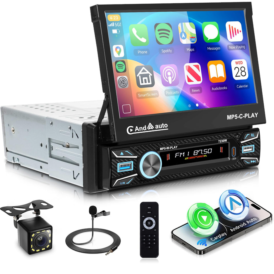 Orderich 7-inch flip-out screen car stereo shown on a dash for better visibility and quick access