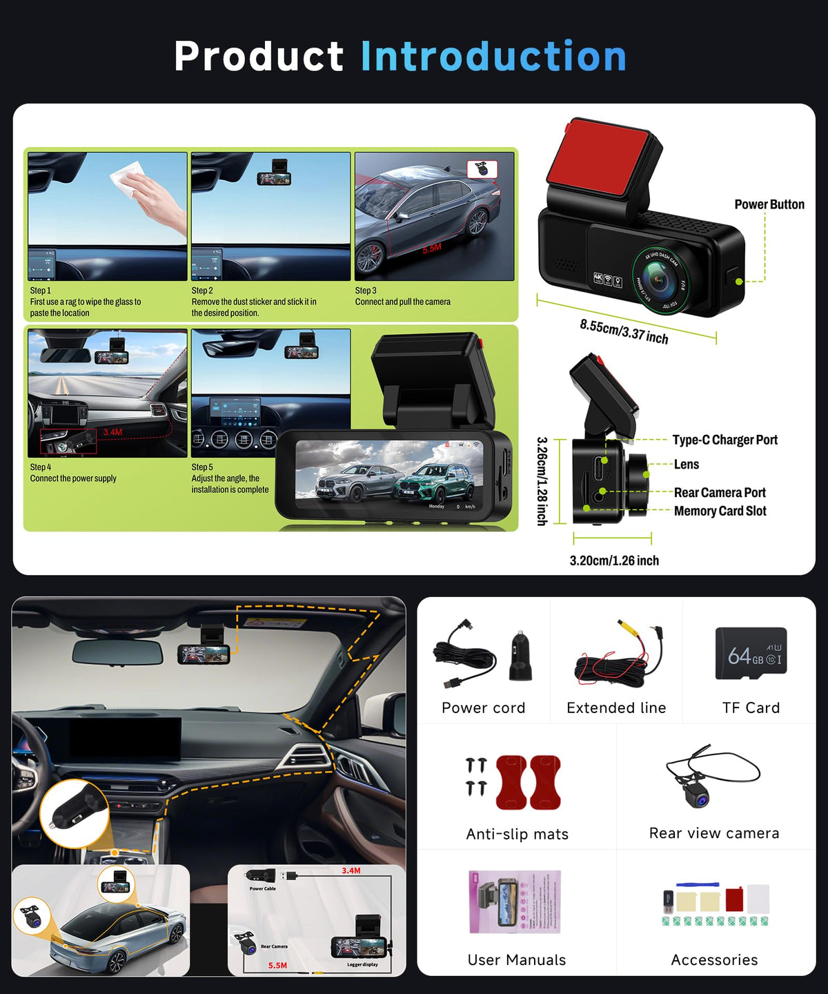 Orderich easy installation with suction mount and wiring harness