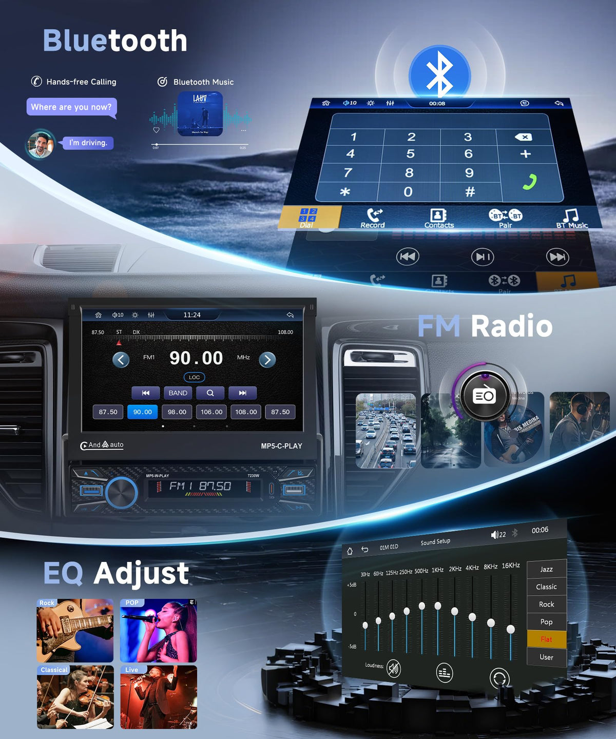 Orderich FM radio with 18 presets offering real-time traffic updates