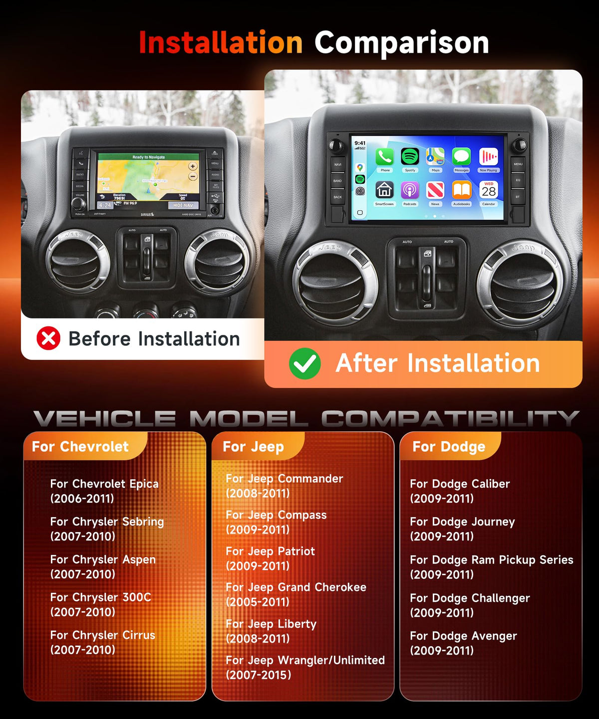 Orderich Jeep Wrangler JK wireless CarPlay and Android Auto for seamless smartphone use