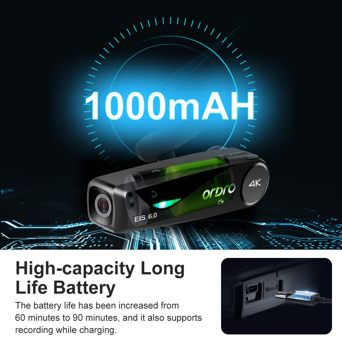 ORDRO EP6 Plus EIS 6.0 for smoother 1080p footage during movement.