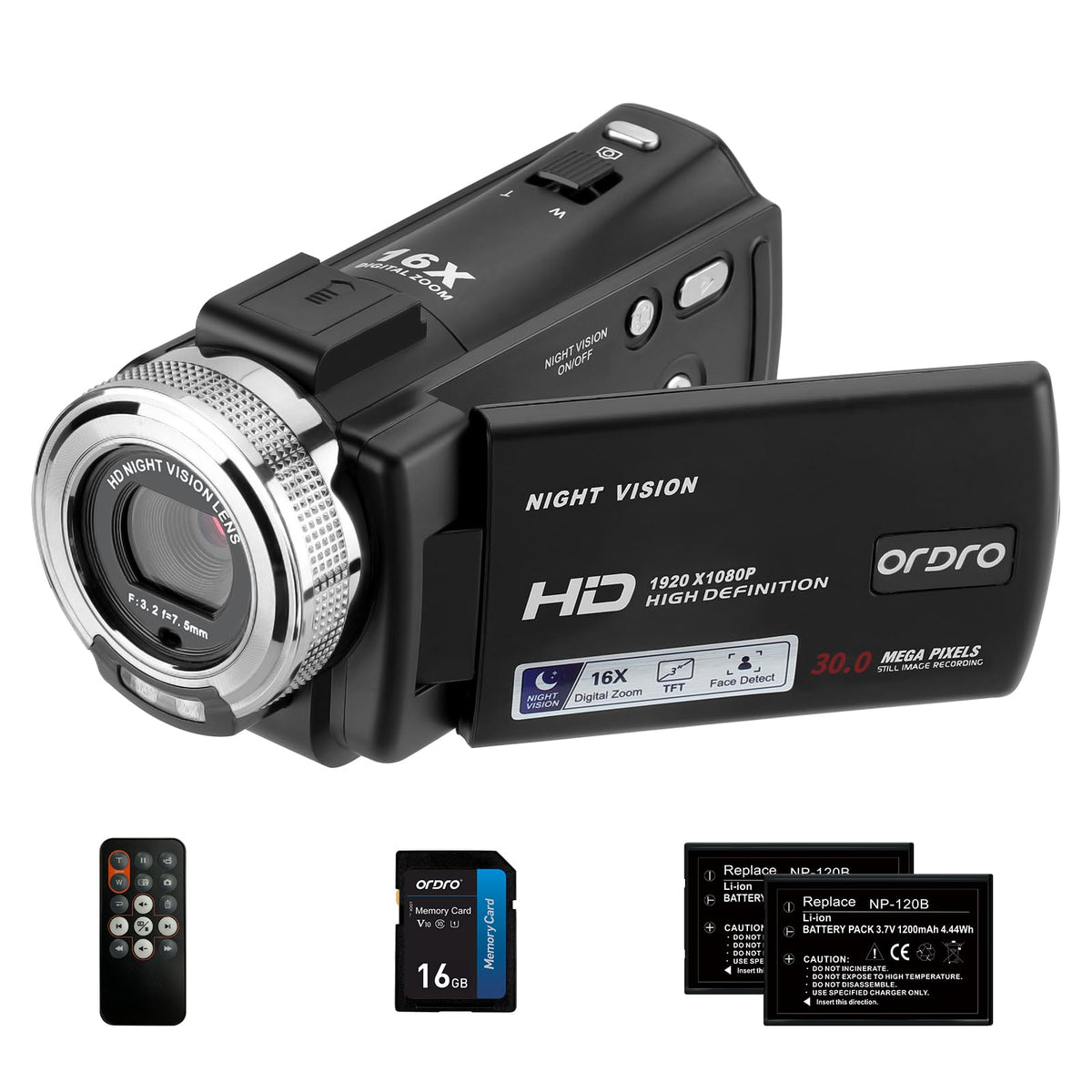ORDRO HDV-V12 front view showing a compact handheld camcorder design for everyday shooting.