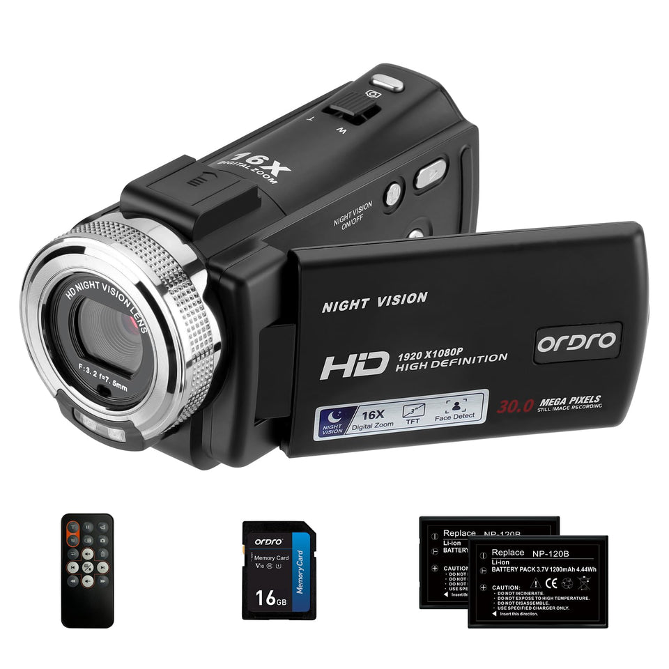 ORDRO HDV-V12 front view showing a compact handheld camcorder design for everyday shooting.