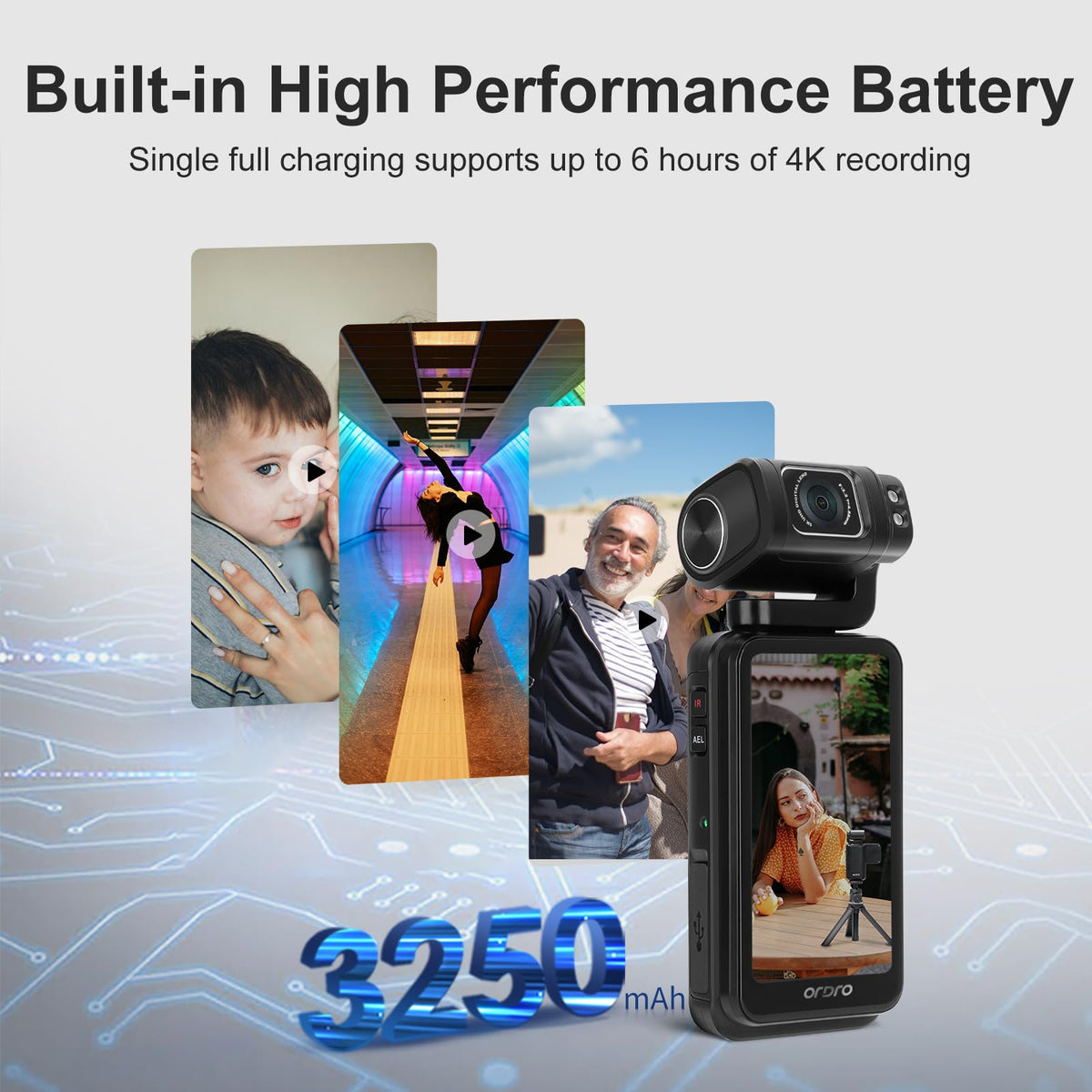 ORDRO M3 3250mAh battery powering longer filming sessions