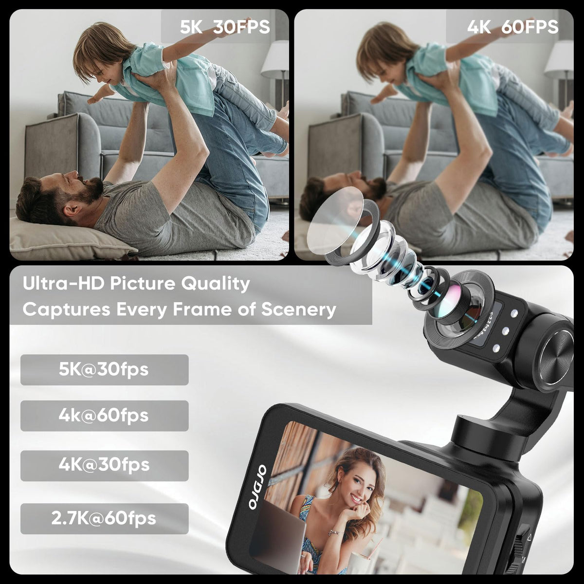 ORDRO M5 with 3-axis gimbal stabilizes walking shots for smoother footage.