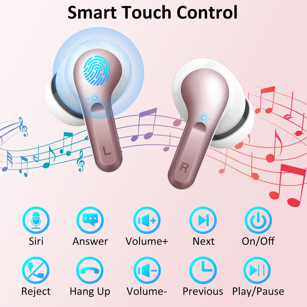 Ordtop rose gold earbuds support smart touch controls for easy use