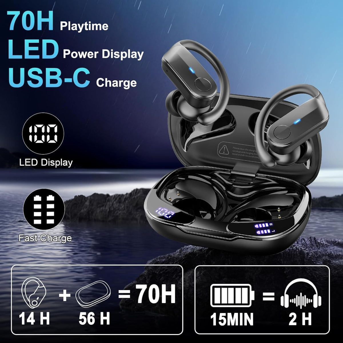 Ordtop T8 Earbuds 70h playtime for long trips.
