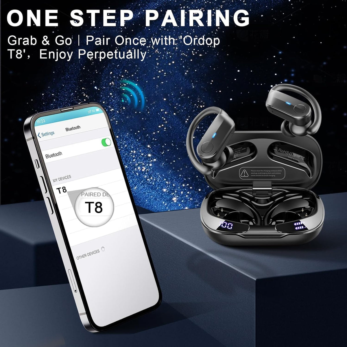 Ordtop T8 Earbuds sport design with earhooks.