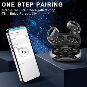 Ordtop T8 Earbuds sport design with earhooks.