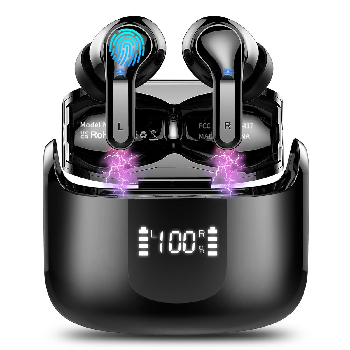 Ordtop wireless earbuds case with LED display showing battery level for quick charging.