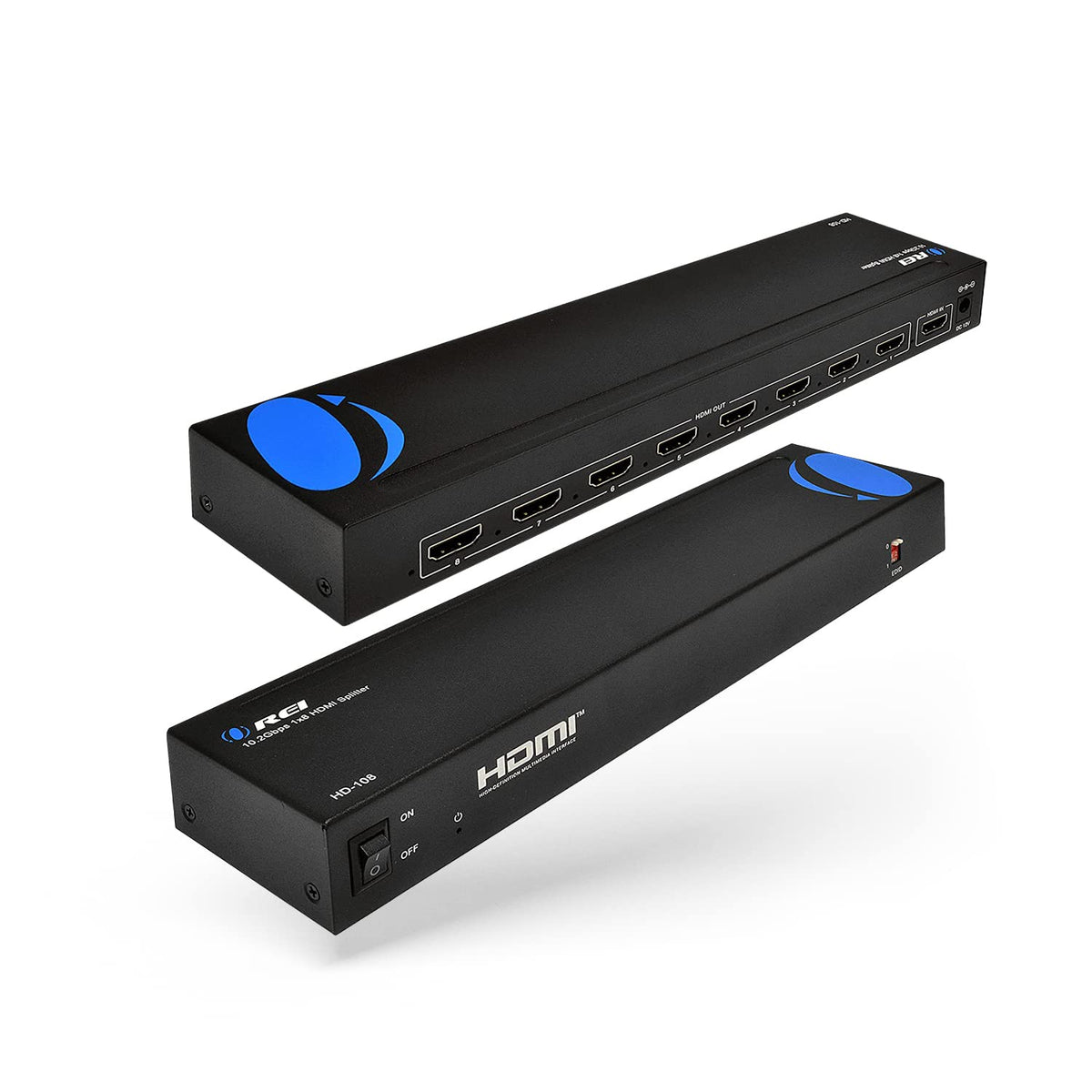 OREI 1080p 1x8 HDMI splitter front view showing compact multi-display mirroring