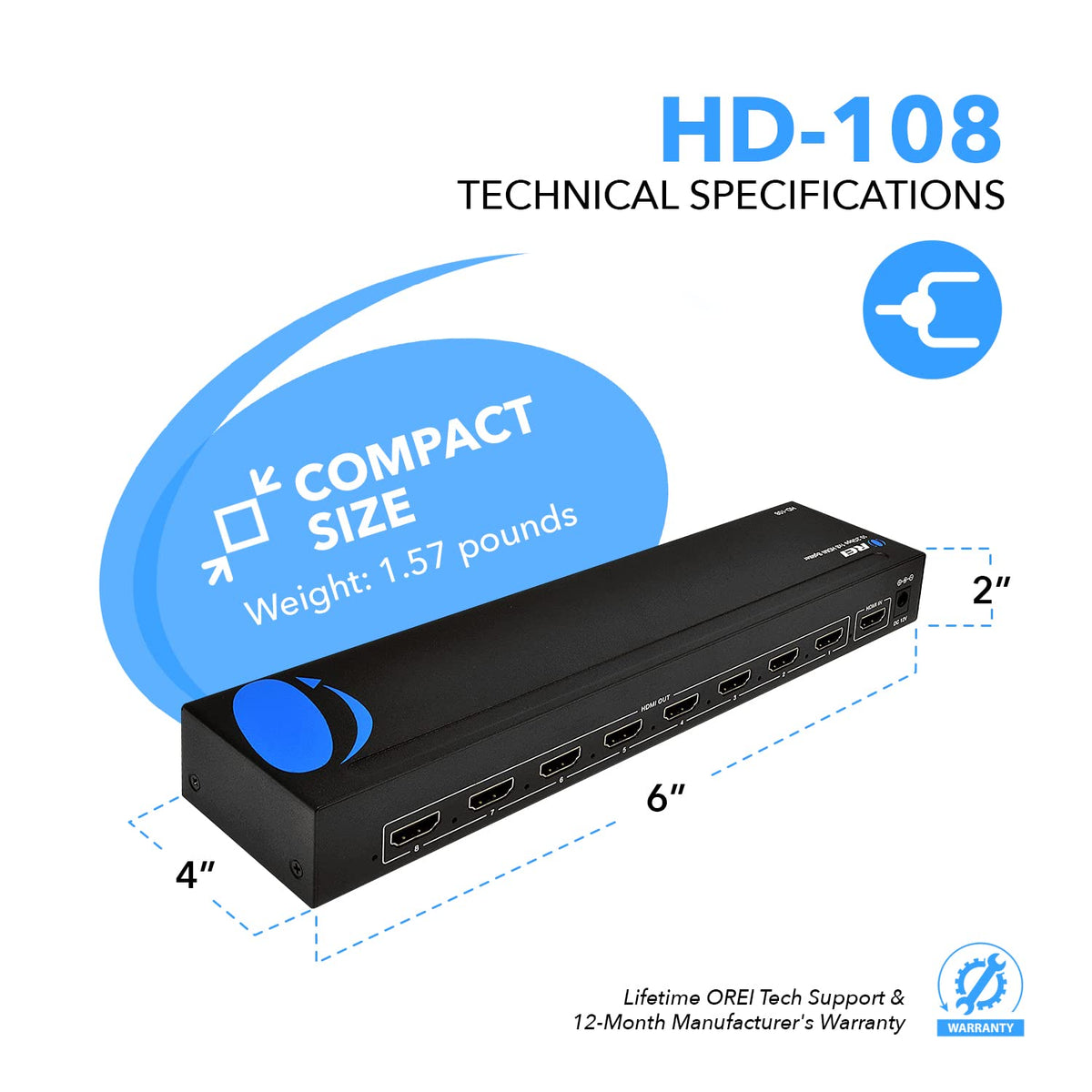 OREI 1080p 1x8 HDMI splitter powered adapter connected for stable signal