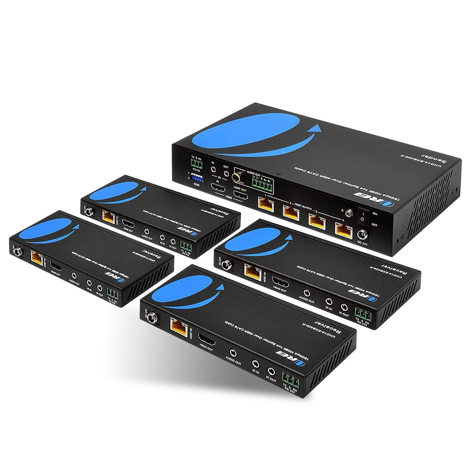 OREI 1x4 HDMI Extender front view highlighting 4K transmission capability