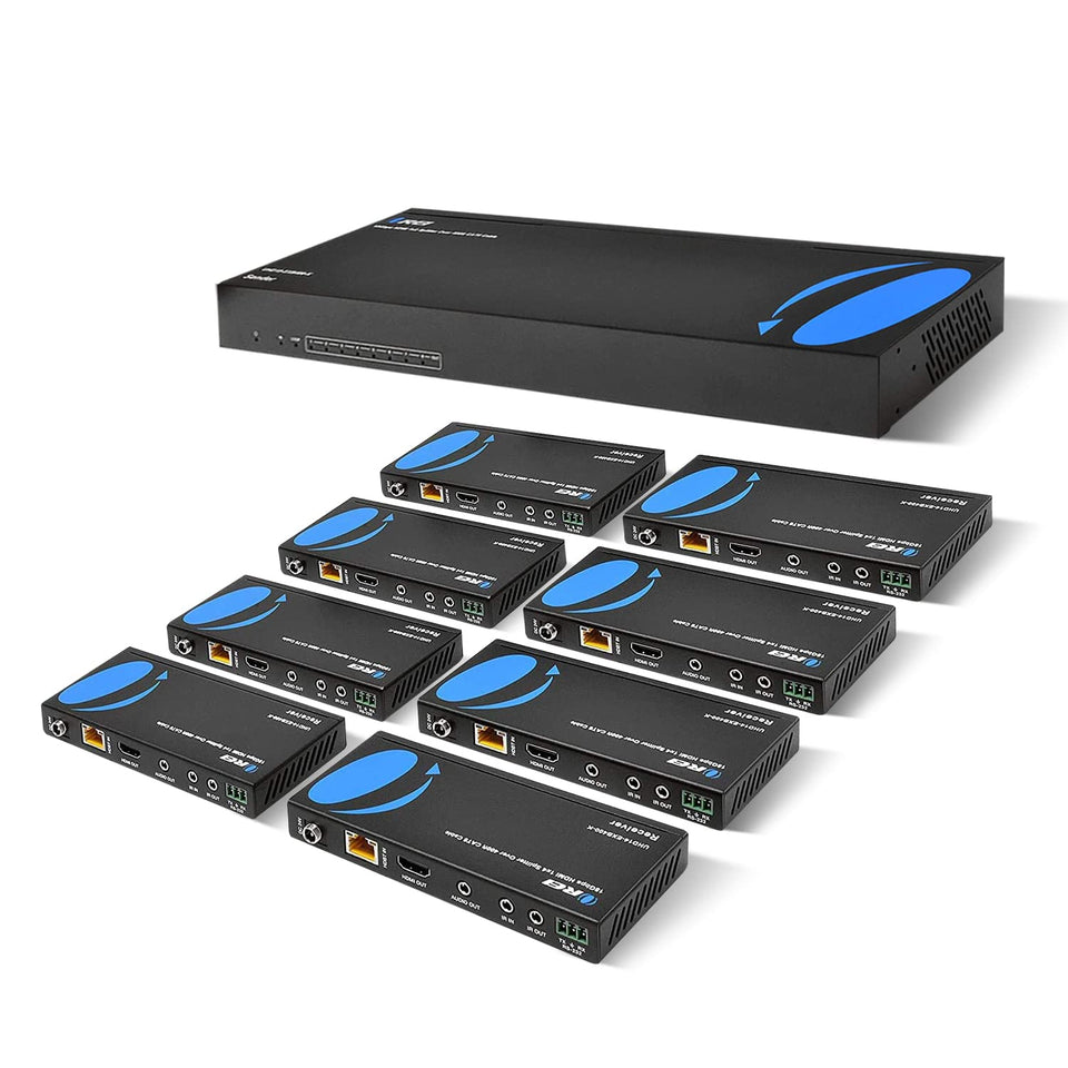 OREI 1x8 HDMI Extender shows HDBaseT transmission delivering 4K video over a single cable