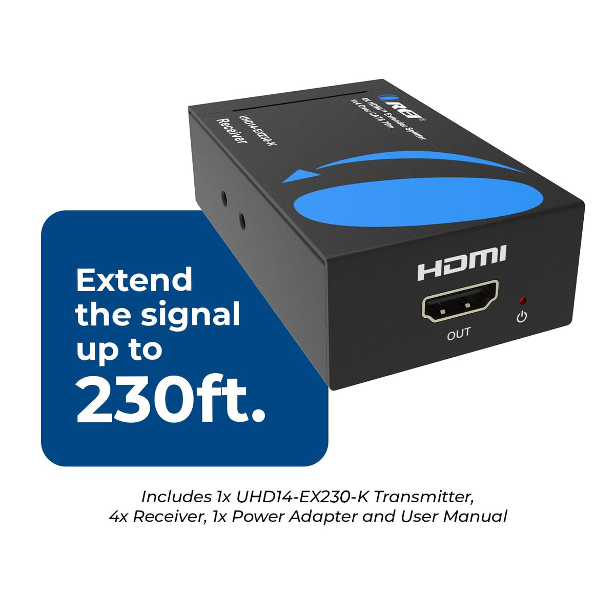 OREI 4K HDMI Extender receiver unit connected to four screens for synchronized video.