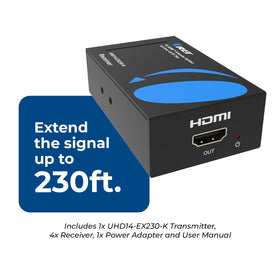 OREI 4K HDMI Extender receiver unit connected to four screens for synchronized video.