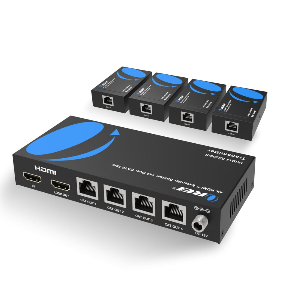 OREI 4K 1x4 HDMI Extender transmitter with loop-out for a local display.