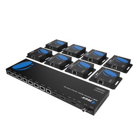 OREI 4K 1x8 HDMI extender transmitter distributes 4K to eight displays over CAT6 cables.
