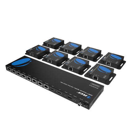 OREI 4K 1x8 HDMI extender transmitter distributes 4K to eight displays over CAT6 cables.