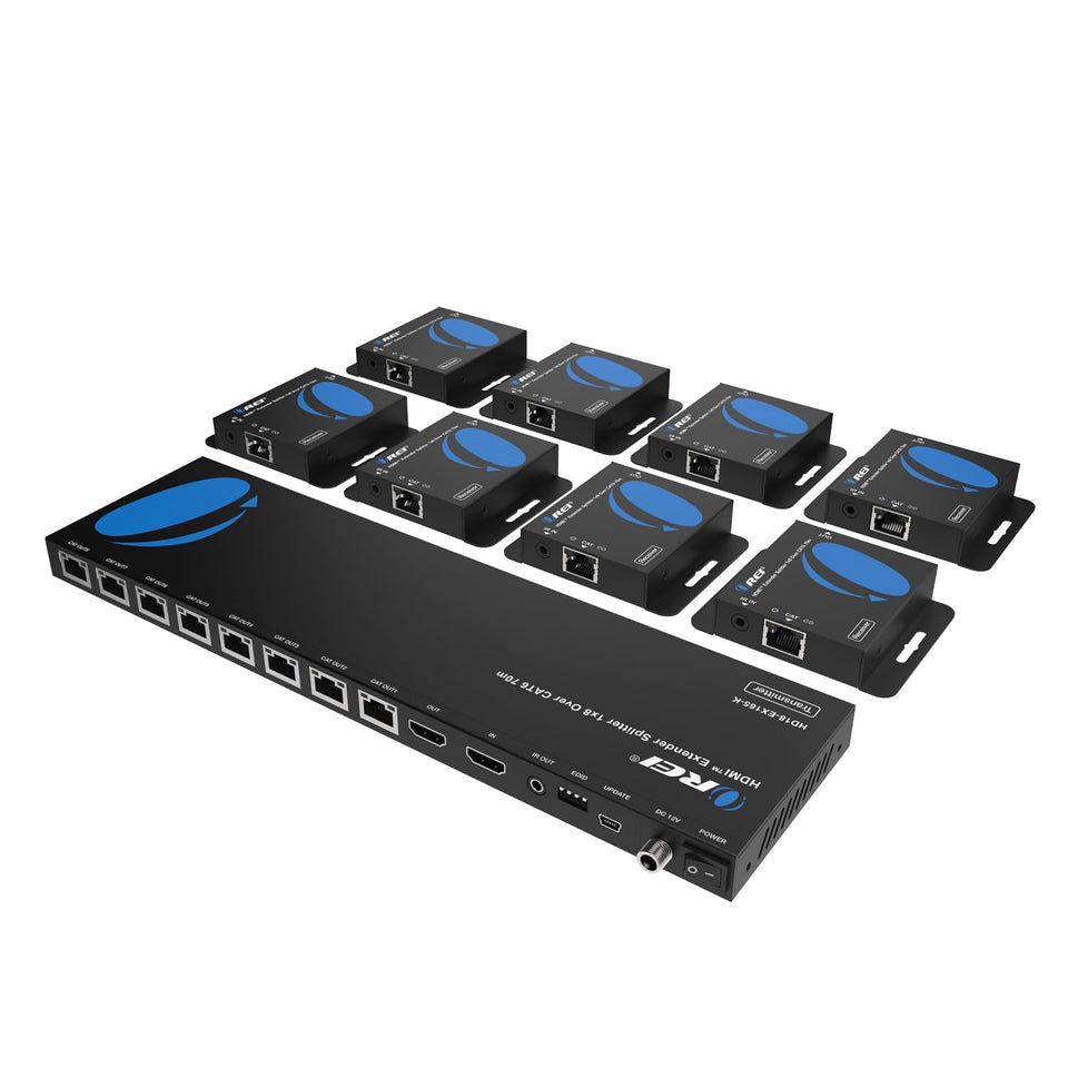 OREI 4K 1x8 HDMI extender transmitter distributes 4K to eight displays over CAT6 cables.