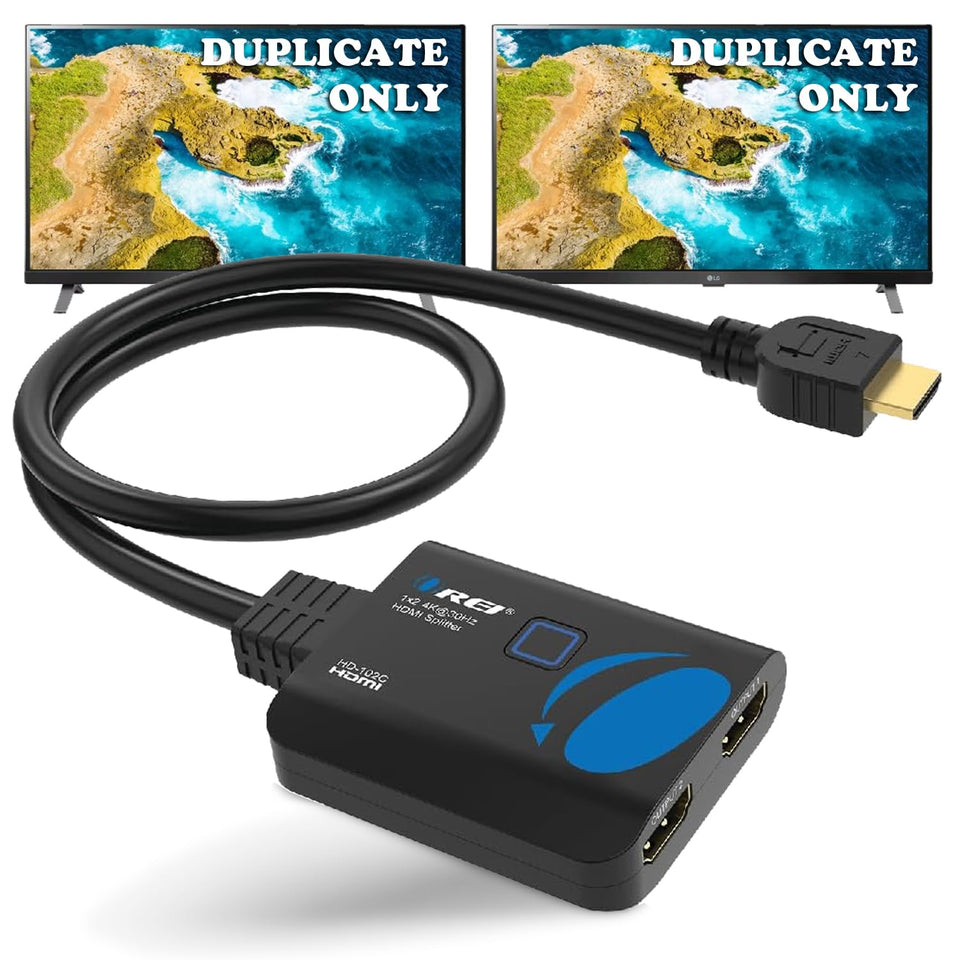 OREI 4K HDMI Splitter connected to two displays for mirroring