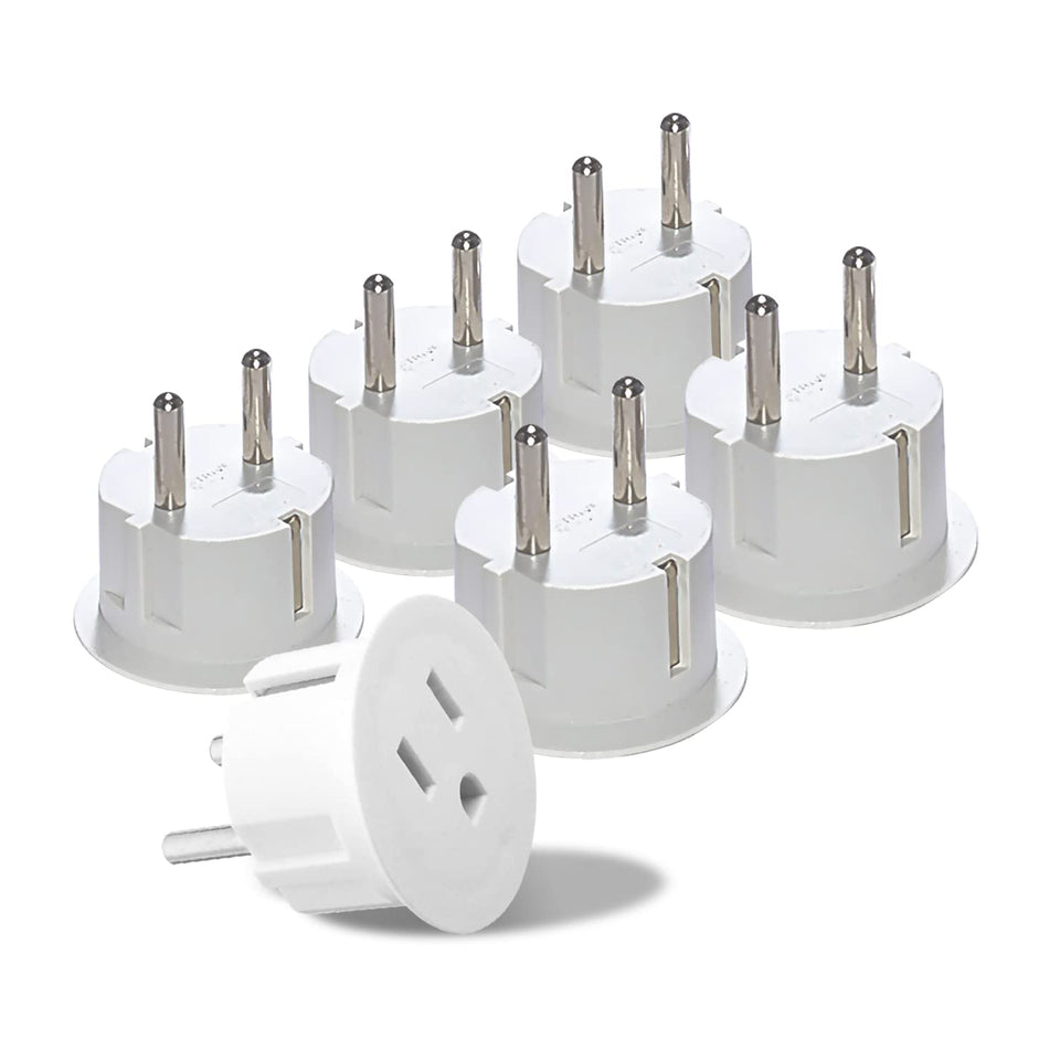 OREI American to European plug adapter six-pack for travel readiness.