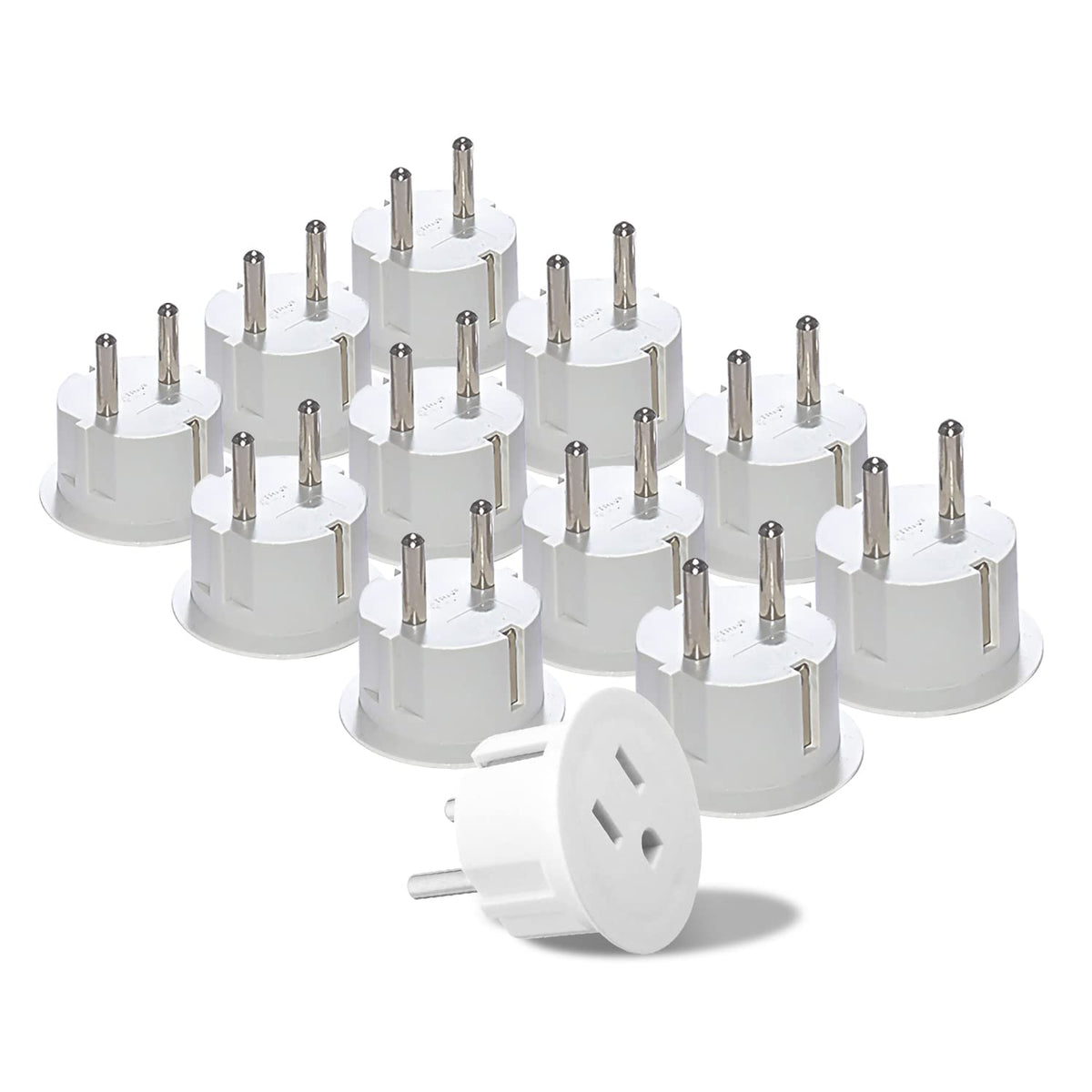 OREI US-to-EU Type E/F Schuko adapter for secure EU outlet connections.