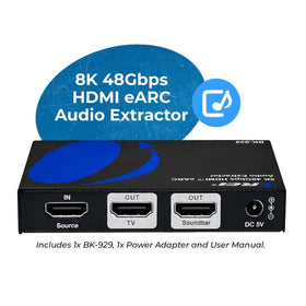 OREI arc-8k extractor back ports show HDMI input and audio output for versatile wiring.