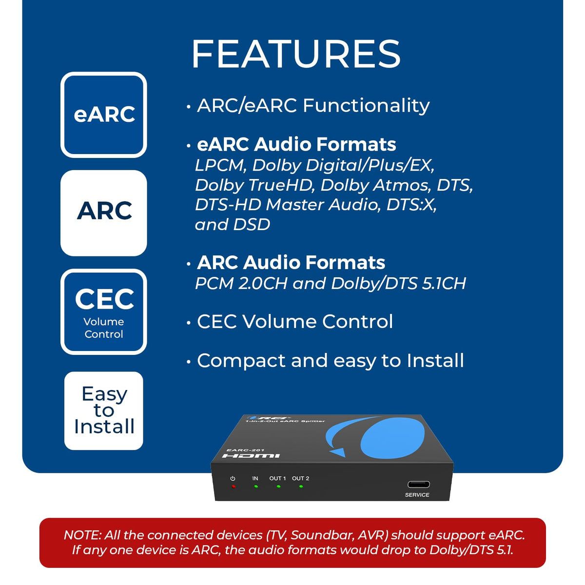 OREI ARC/eARC splitter compatible with ARC/eARC formats including PCM 2.0