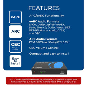 OREI ARC/eARC splitter compatible with ARC/eARC formats including PCM 2.0