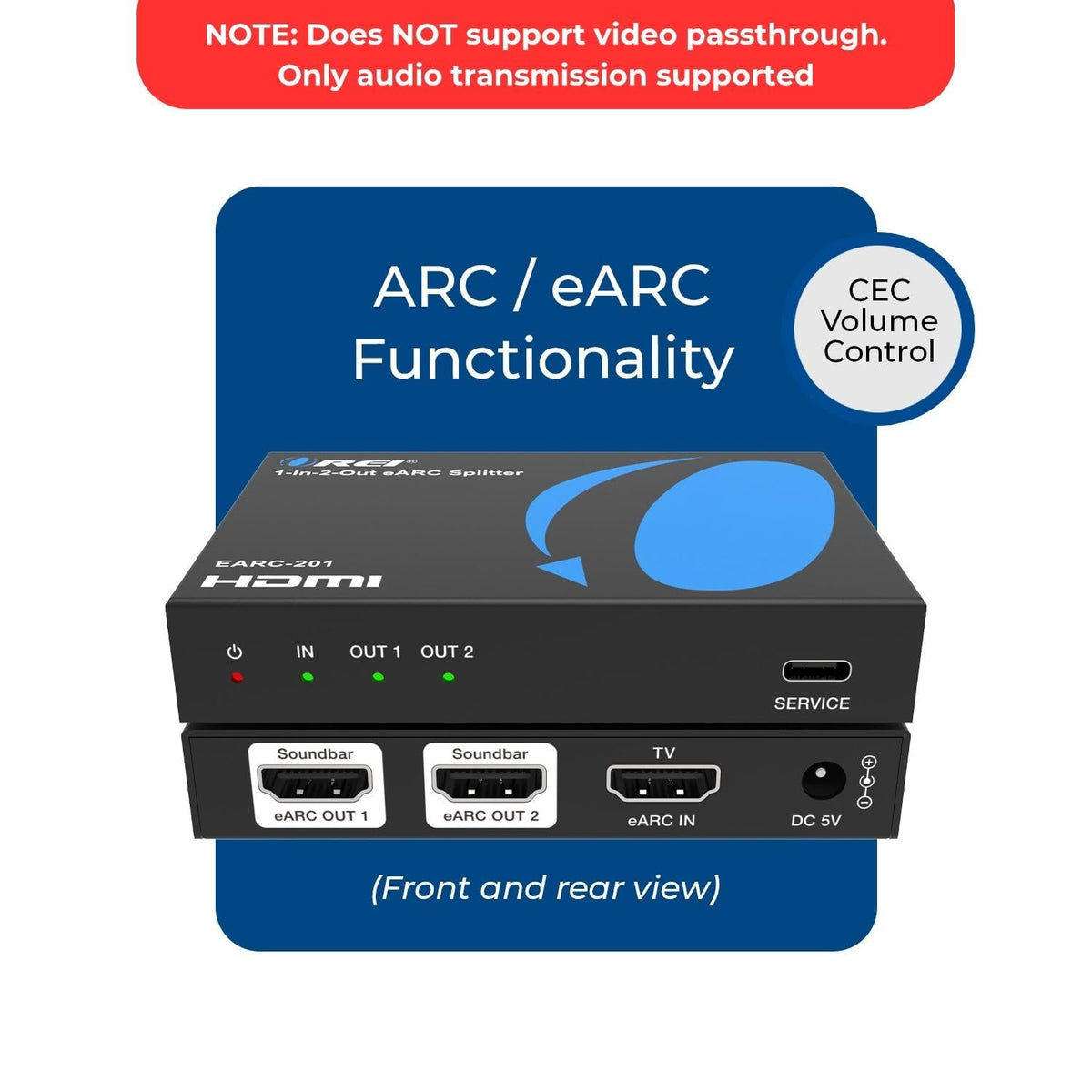 OREI ARC/eARC audio splitter back panel with ports for TV and devices