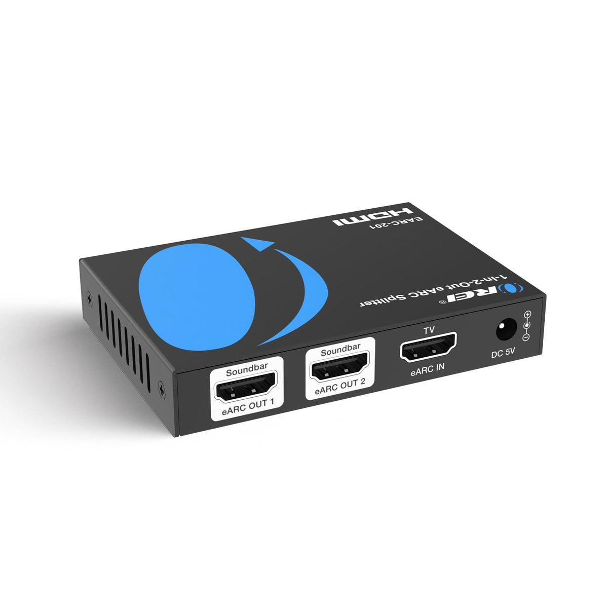 OREI ARC/eARC audio splitter front view in a compact home theater setup