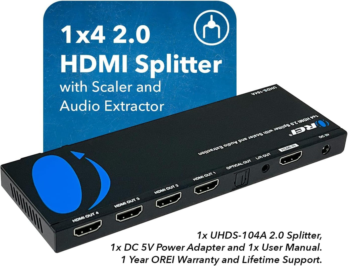 OREI rear connections display HDMI inputs and four output ports benefit distribution