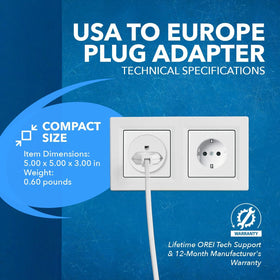 OREI CE-certified plug adapter packaging with warranty details.