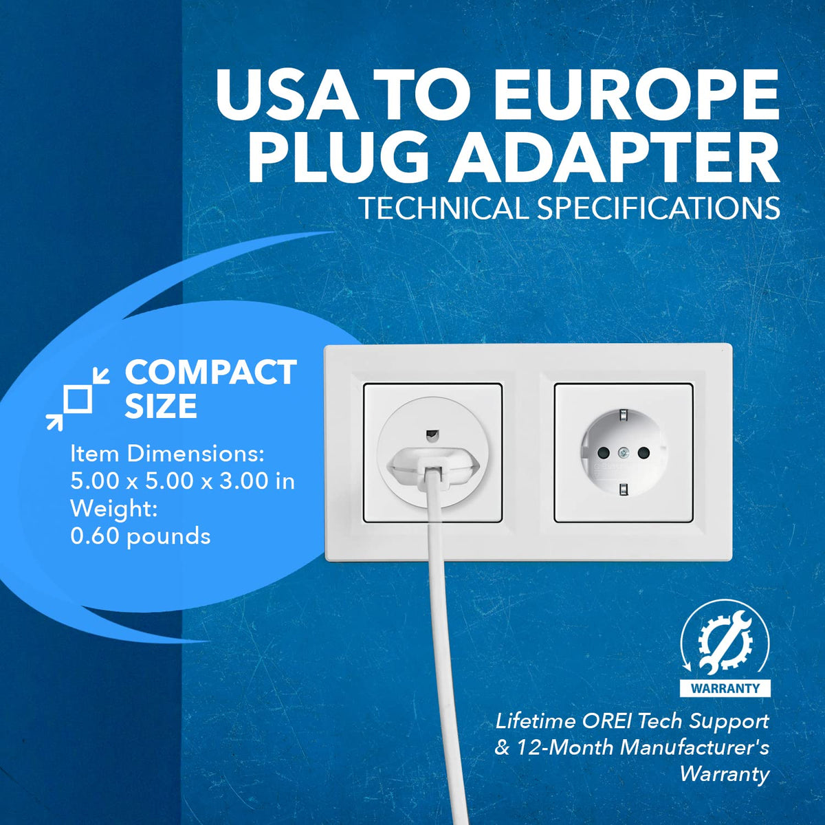 OREI CE-certified plug adapter built for dependable EU use.