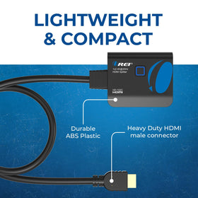 OREI compact HDMI splitter resting on a desk with cables