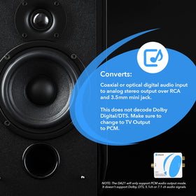 OREI DA21 connected to TV and powered speakers for clear stereo playback